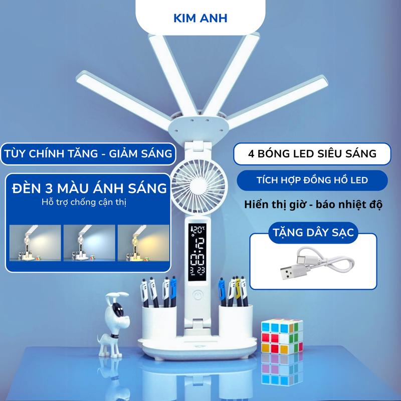 Đèn Học Để Bàn Chống Cận Có Quạt, Có Đồng Hồ, Kệ Đỡ Điện Thoại | Pin 3.200mhA. BH 12 Tháng