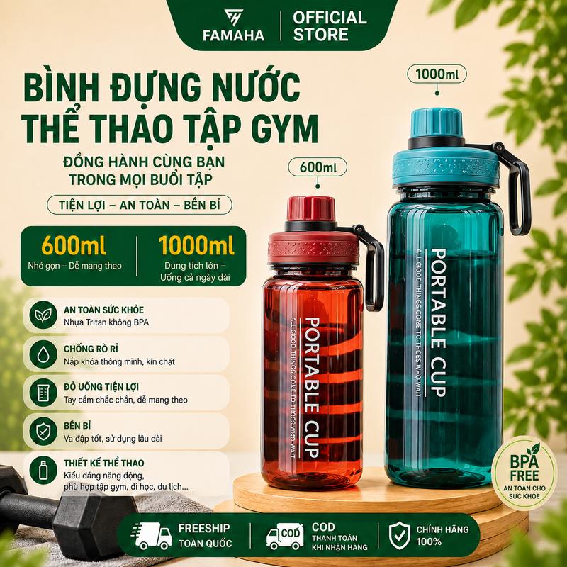 Bình nước thể thao tập gym Portable Cup dung tích 600ml - 1l làm bằng nhựa PVC an toàn cho người sử dụng Sport Tập Thể Dục