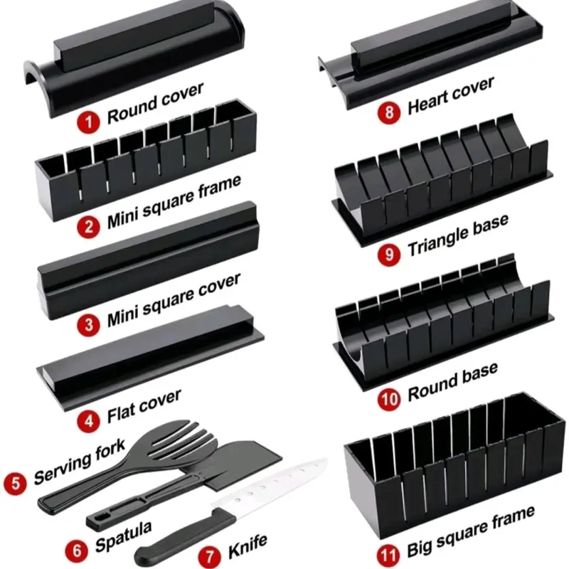 SUSHI MAKER PROFESIONAL 10SET/ CETAKAN SUSHI LENGKAP Alat Bulat, love,kotak hitam plasik premium 2