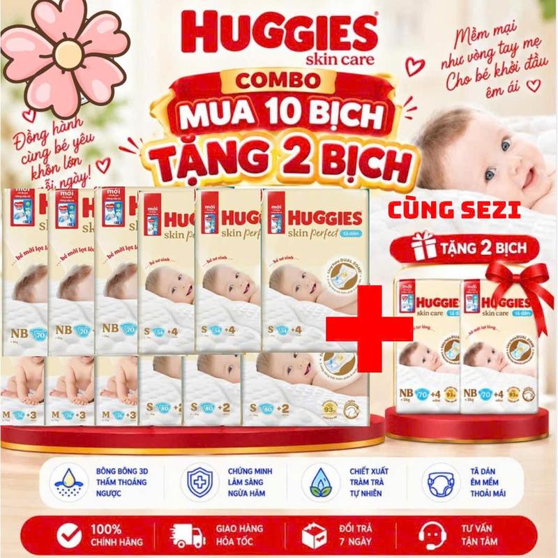 Combo siêu rẻ 10 gói tặng 2 gói cùng loại NB70+4/ M76+3/ S80+2 miếng HUggies SKin perfect