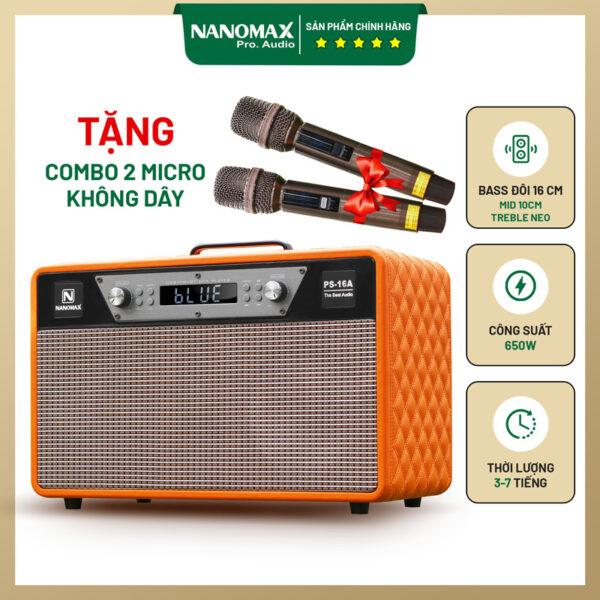 Loa Karaoke Xách Tay Nanomax PS-16A | Bass Đôi 16cm Công Suất 650W Mạnh Mẽ | Loa Bluetooth 6.2 Micro UHF Hát Nhẹ