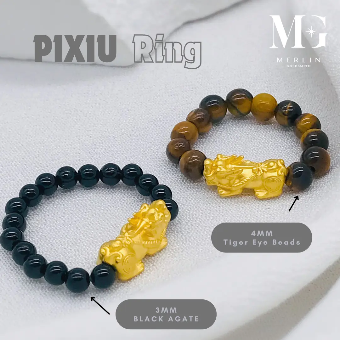 Merlin Goldsmith 999 24k Pure Gold (1.2cm) Lucky Pixiu Paired With 4mm Tiger Eye Beads or 3mm Black Agate Beads Ring