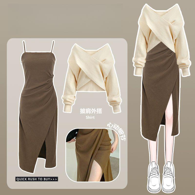 Product Introduction of Oversized Fat Sister Autumn Set for Women 2023 New Knitted Sweater Sweater for Women Slim Slim Drop Dress Two Piece Set 2