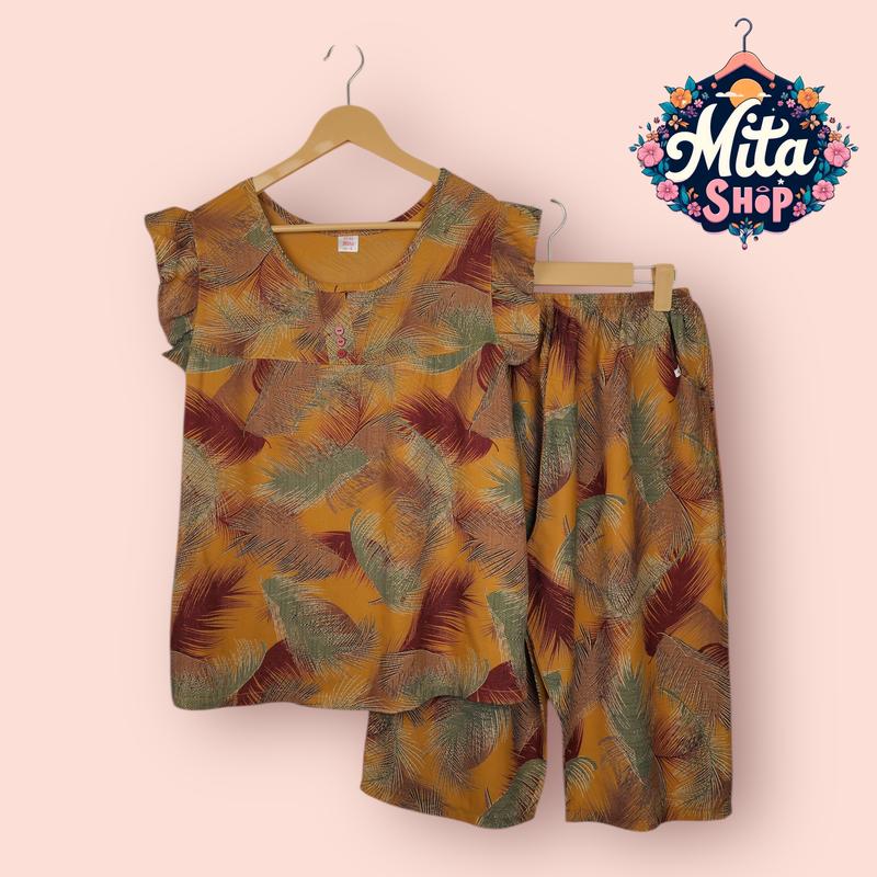 Đồ bộ nữ trung niên quần lửng tay cánh tiên - Tôn nhung mềm mại thoáng mát cho mẹ ngày hè 49-90kg | Quần Áo Nữ Women