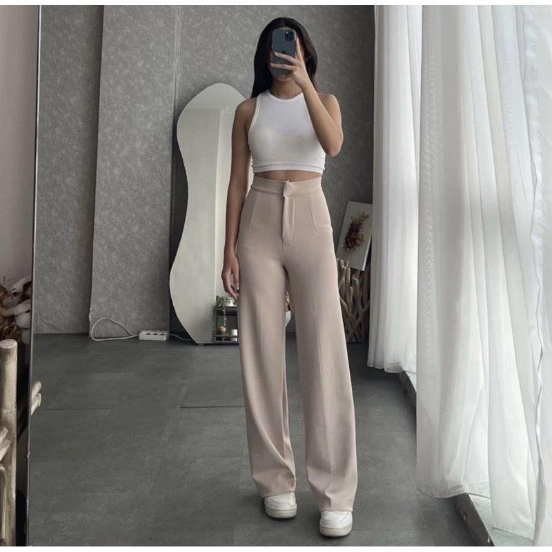 Cozie Knit Loose Pants-Celana Highwaist Panjang Kulot Rib Premium Celana Panjang Korean Style Anti Kusut Karet Melar 3