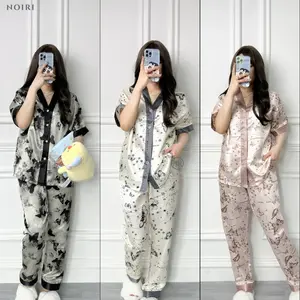 NOIRI - Piyama Wanita Set Satin Lengan Pendek Celana Panjang Bahan Satin Premium Baju Tidur Setelan Bermotif Pajamas Korean Style