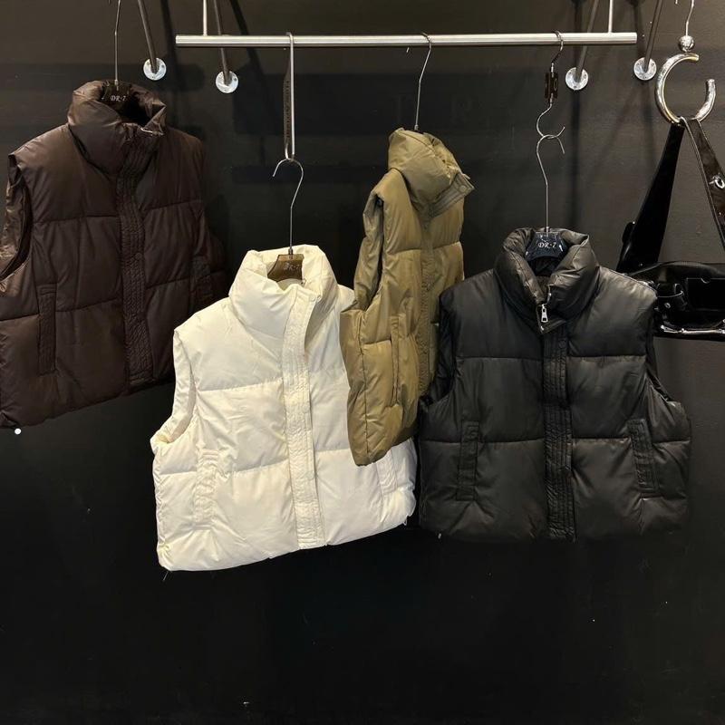  ￼Áo Phao DA Gile Nữ Dáng Ngắn Chất Da Có Túi 2 Bên Áo Khoác Phao Gile Nữ Cổ Cao Có Dây Rút Áo Gile Phao Trơn 