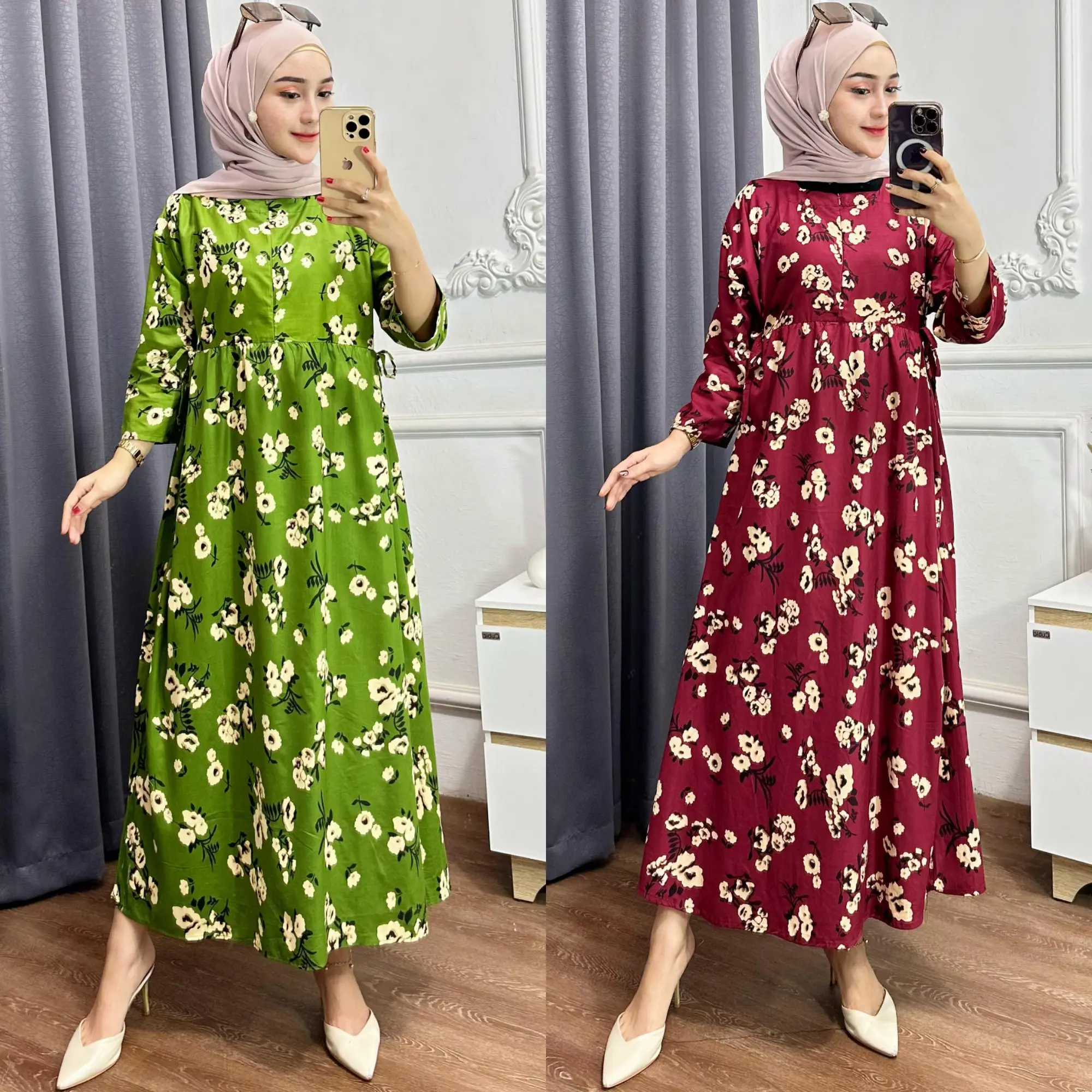 Paket Bundling 2 Pcs Midi Dress Miranda Jumbo Lengan 3/4 Busui Friendly Daster Bahan Katun Rayon Tebal Nyaman Gamis Muslim Panjang Tali Samping