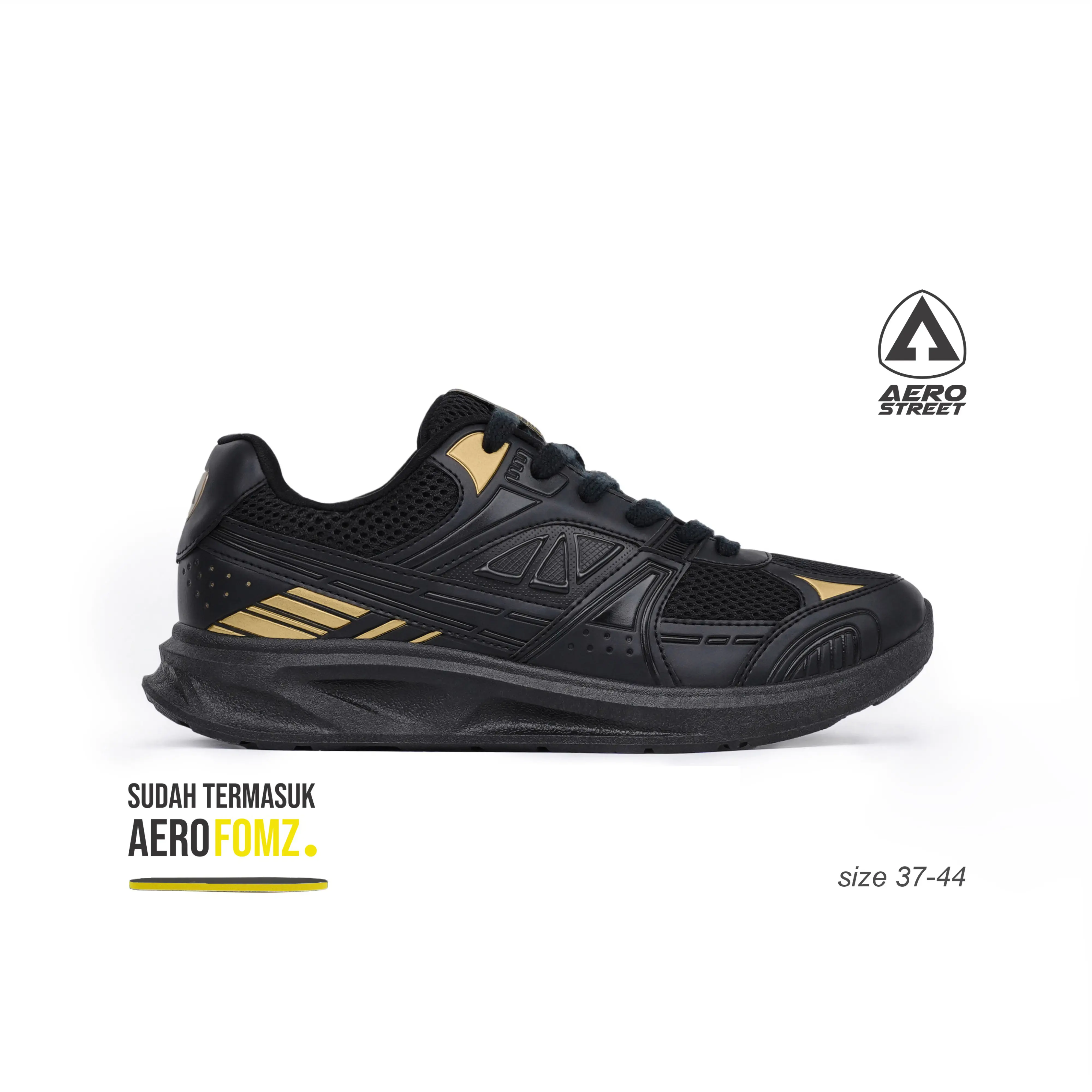 Aerostreet 37-44 Riven Hitam Hitam Emas - Sepatu Sneakers Casual