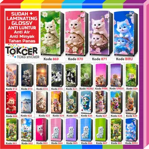 Stiker Kulkas LAMINATING GLOSSY Mengkilap Anti LUNTUR Anti GORES Anti AIR Tahan PANAS motif Kucing uk 1 Pintu 60x120cm atau 2 Pintu Standar 60x150cm Tahan LAMA
