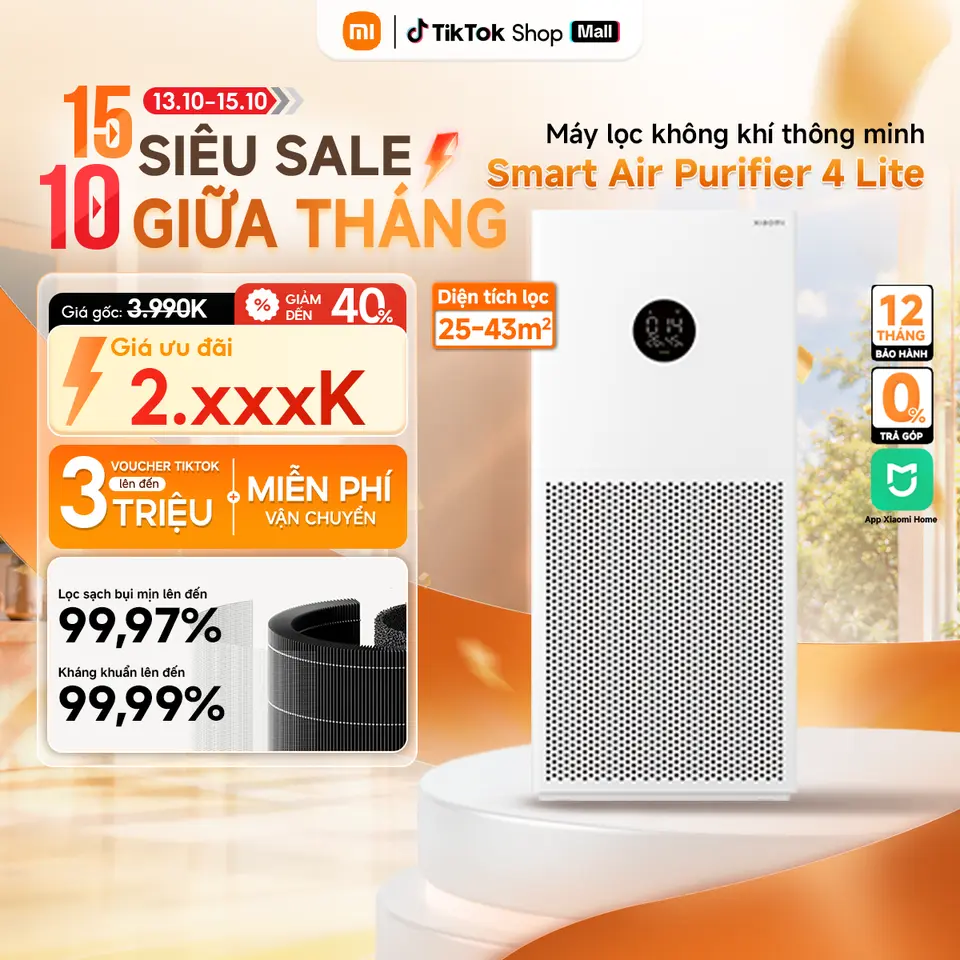 Máy Lọc Không Khí Xiaomi Smart Air Purifier 4 Lite - Diện tích lọc 25-43m2 - Tốc độ lọc: 360m³/h - Lọc bụi mịn, phấn hoa, khử mùi - Hàng chính hãng Xiaomi - Bảo Hành 12 Tháng