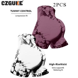 CZGUKE Conjunto de dos piezas para mujer Pantalones fitness sin costuras tie-dye & Shorts deportivos ajustados cintura alta efecto realce cadera estilo sexy aptos fitness yoga