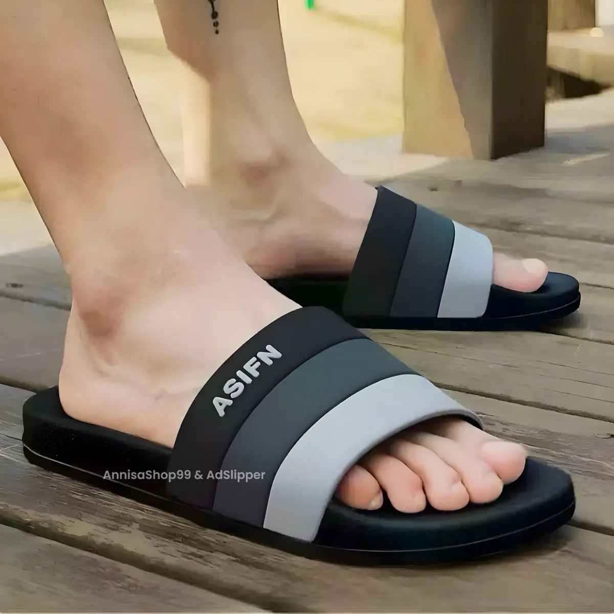 AN - ASIFN HITAM ABU SHK - Promo Sandal Slop Slip On Distro Casual Pria Wanita Dewasa