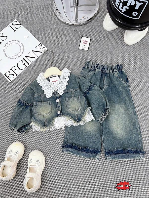 [MeoKids] E11 - Set Bộ Áo Jean Phối Ren Tay Bồng Kèm Quần Jean Suông Gấu Bèo