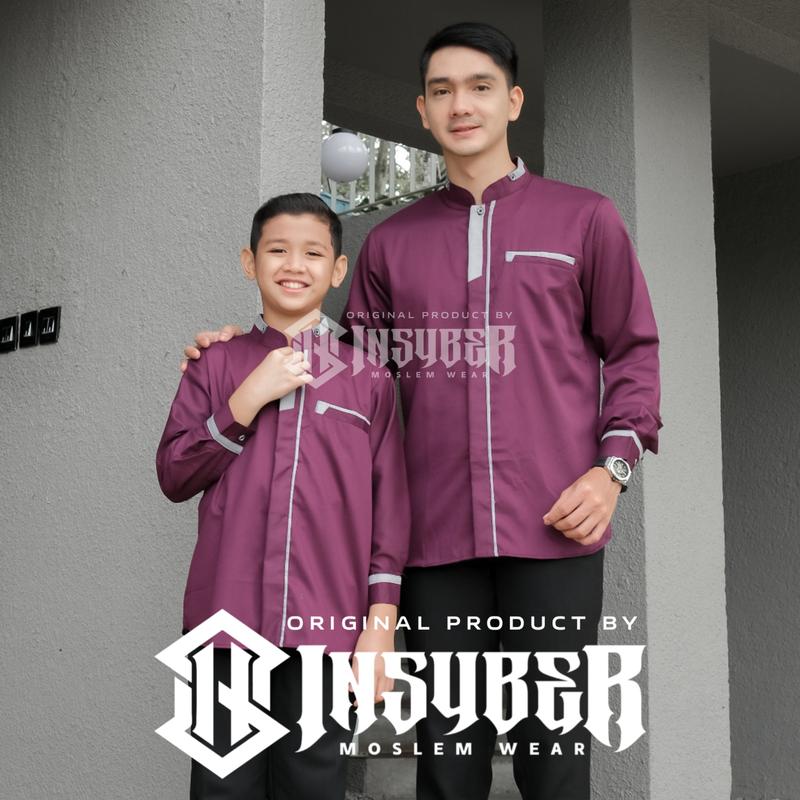 Baju Koko Couple Ayah dan Anak Laki-laki Lengan Panjang Bahan Toyobo Fodu Warna Denim Terbaru 2025 , Muslim 3