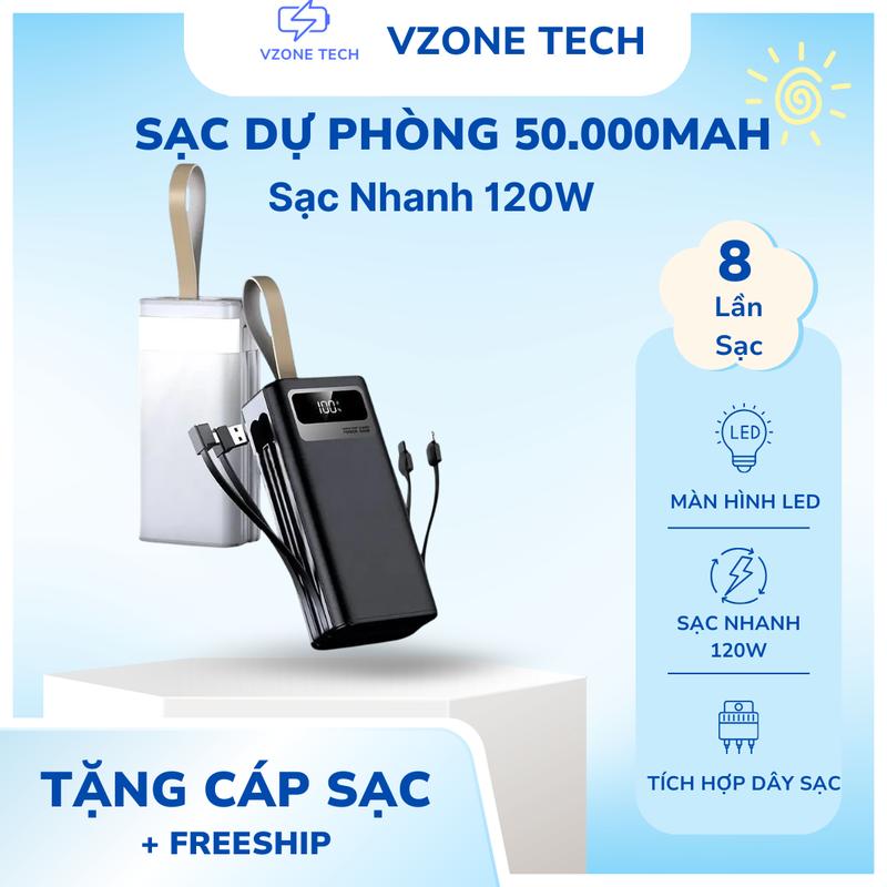 [Tặng Cáp Sạc 3 Đầu] Sạc dự phòng 50000mAh sạc nhanh 120W pin dung lượng lớn có dây cắm nhiều điện thoại CN-205