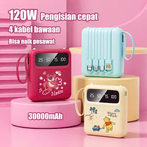 Power bank 30000mAh selular pola kartun 120W dengan built-in-4-kabel kapasitas besar dan daya selular ultra-tipis