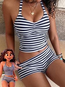 Tankini para mujer, elegante y sexy, con estampado de rayas, top halter y shorts boy short; ideal para playa y piscina; apto para otoño e invierno; SS26 primavera y verano.