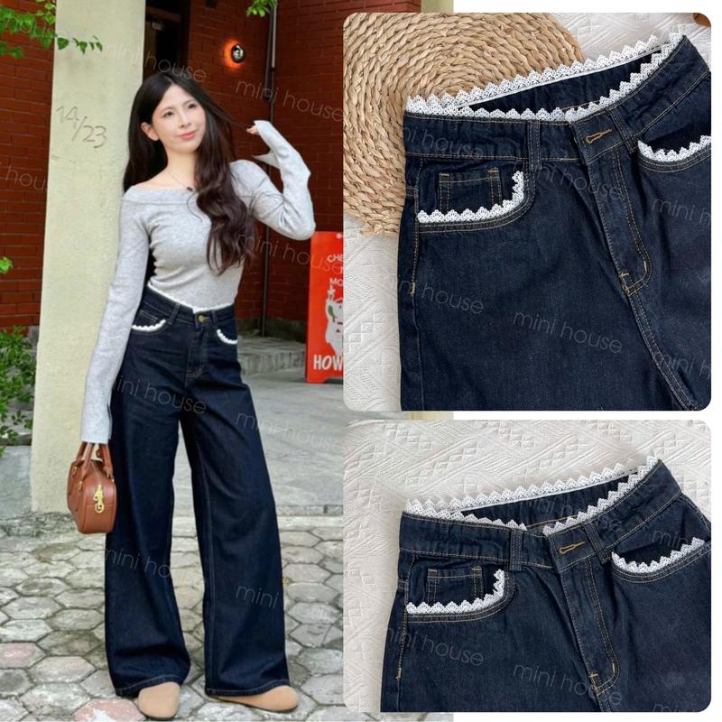 [CÓ SIZE CHO NẤM] Quần jeans nữ form ống rộng màu than phối ren nổi bật Woman Pants MINI006 4