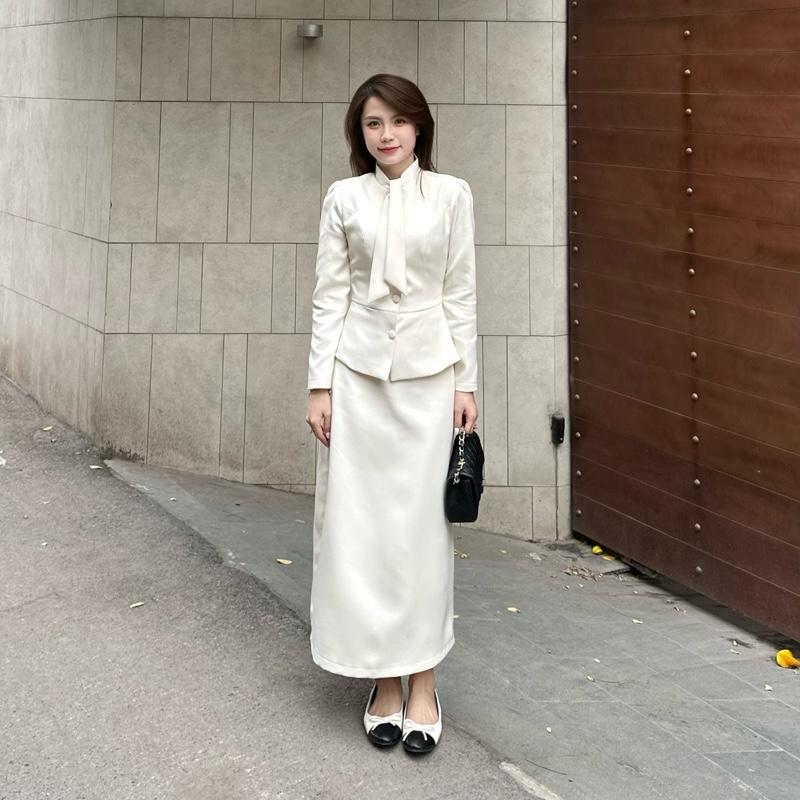 Set Thiết Kế Áo Cúc Bọc Phối Cà Vạt Chân Váy Dáng Dài Tiểu Thư Hai Lớp