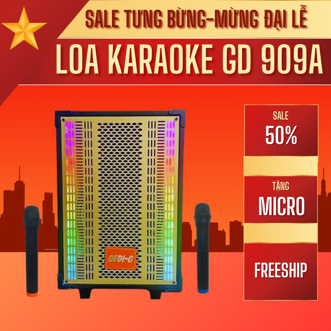 [GD Audio] Loa Karaoke Nghe Nhạc Phiên Bản Cải Tiến Nâng Cấp GD-909A - Bass 20cm - Công Suất 100W - Đi Kèm 2 Mic Không Dây Củ Loa Kem loa  kéo loa  bluetooth loa bluetooth loa  karaoke led
