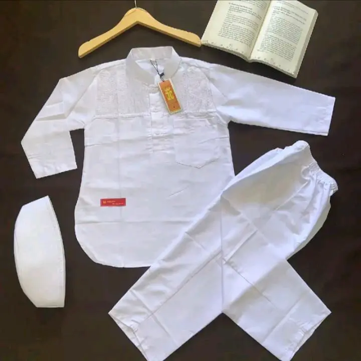 M2- PROMO SETELAN KOKOH KURTA PUTIH SETELAN KOKOH MANASIK HAJI ANAK LAKI LAKI Baju Celana Muslim Katun Peci 4