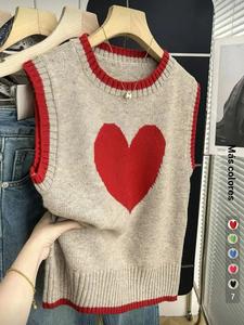Chaleco tipo pulóver con bloques de color y corazón para primavera y otoño, casual y versátil; estilo simple y a la moda, corte relajado; chaleco suéter para el Día de San Valentín