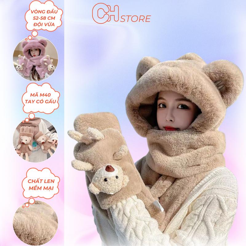 Mũ kèm khăn 3in1 cho mẹ và bé hoạ tiết gấu bông chất len mềm mượt ấm áp mùa đông