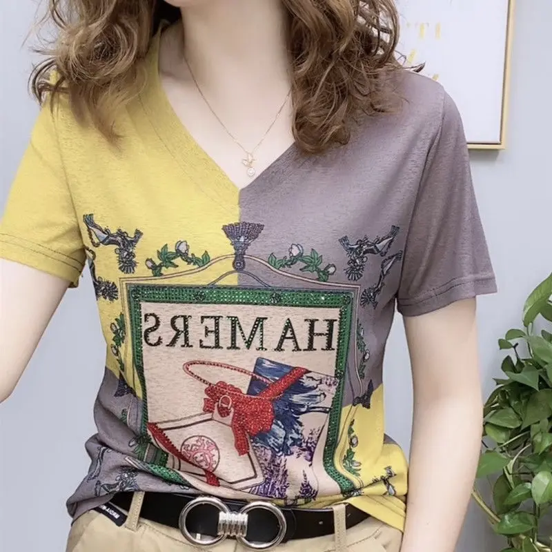 Women's New Hot Diamond Printed Foreign Style T-shirt