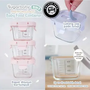 SUGAR BABY PREMIUM GLASS BABY FOOD CONTAINER WITH LEAK PROOF PP - GJARPP +  WITH SILICONE LID GAS VENT - GJARSIL + BABY GIORDANO MPASI KACA SILICON BG-8811 BG-8814 BG-8815