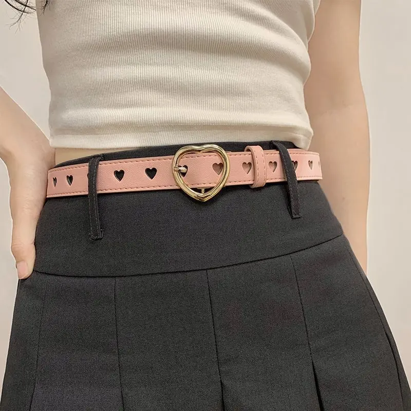 ikat pinggang wanita fashion y2k belt wanita untuk dress tali pinggang jeans berongga jantung gesper pribadi yang dan serbaguna sabuk pink Kulit Hitam 2