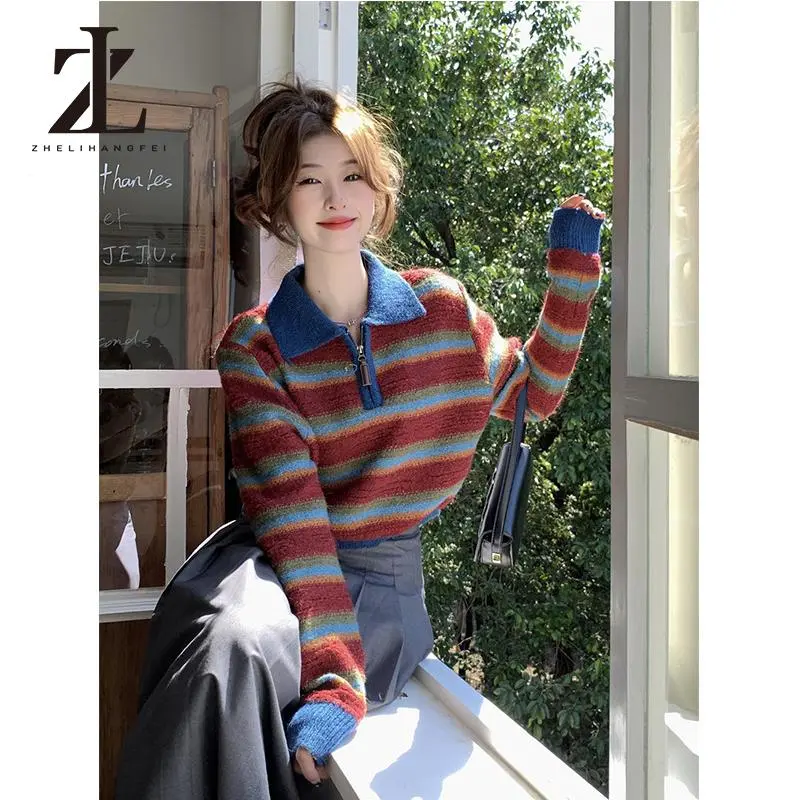 Áo Sweater Cổ POLO Lưng Cao Dáng Rộng Họa Tiết Kẻ Sọc Phong Cách Retro Cao Cấp