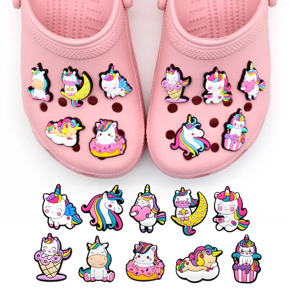 Lucu 1PCS Warna Seri Kartun Unicorn Sandal pin menghias Sepatu Tempelan PVC Aksesoris Sepatu DIY anak perempuan laki-laki wanita Pesta Hadiah Yang Indah