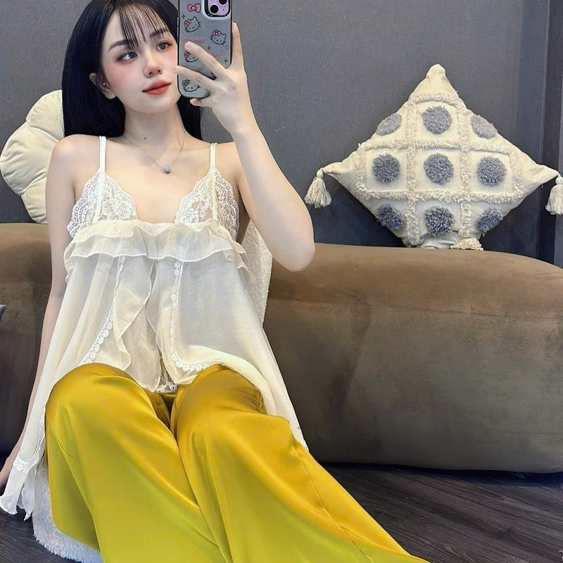 Sét bộ dây áo voan tơ quần dài phối ren sang xịn mềm mịn freesize 40-60kg cho phái đẹp bộ  cánh  tiên  mặc  nhà