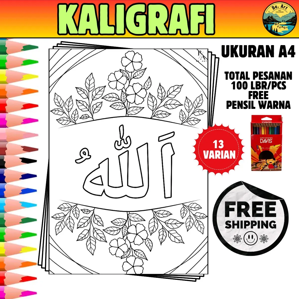 Kertas Gambar Mewarnai Anak A4 Kaligrafi Islam - Cocok untuk Anak-Anak dari Segala Umur - Toys Belajar Kotak Perempuan Mainan