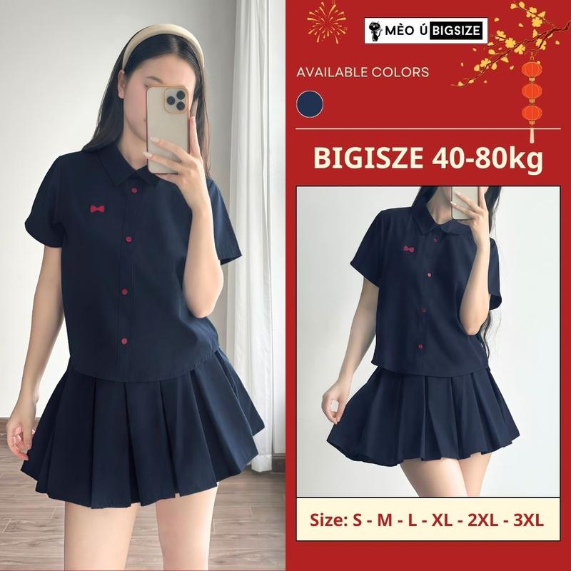  Set đồ nữ sinh BIGSIZE Mèo Ú áo cộc tay giả sơ mi cúc đỏ thêu nơ kèm chân váy xếp ly basic Hàn Quốc 189 