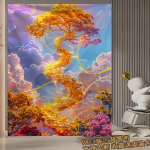 Latar belakang kain hias pohon keberuntungan gaya Tionghoa, pohon uang untuk menarik rezeki, dekorasi kantor, lorong, dinding, permadani gantung