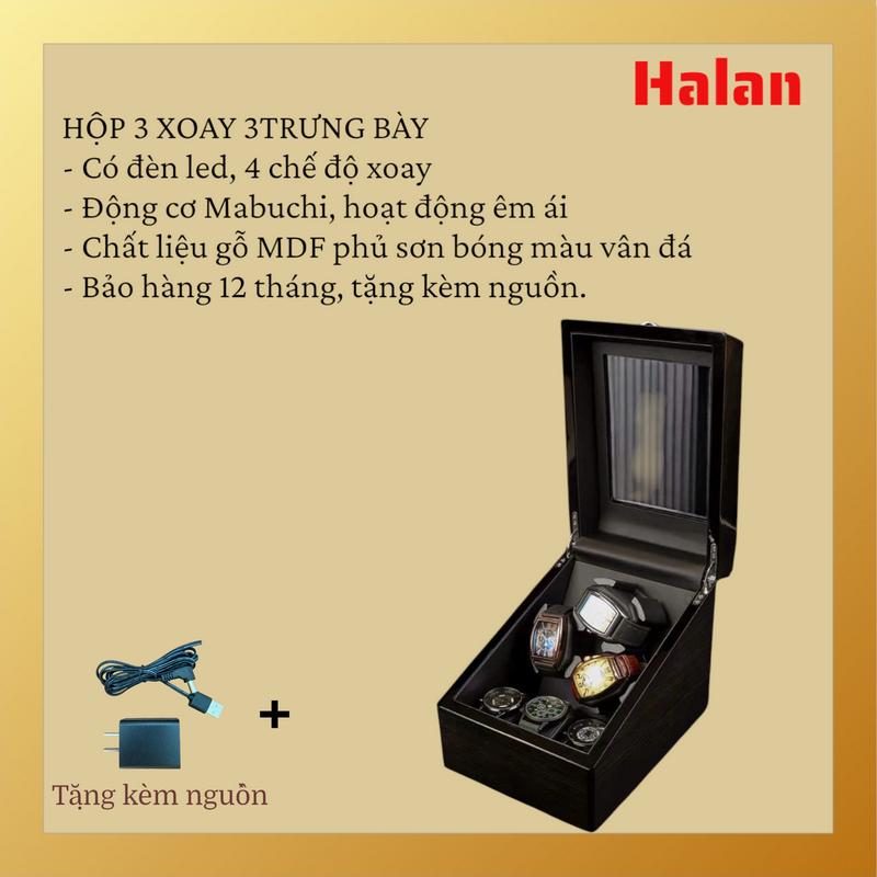   MẪU MỚI - TẶNG KÈM ADAPTER  Hộp tích cót đồng hồ cơ automatic 3 gối xoay 3 gối tĩnh - vỏ gỗ - có đèn led - 4 chế độ xoay - giúp đồng hồ cơ luôn đúng giờ 