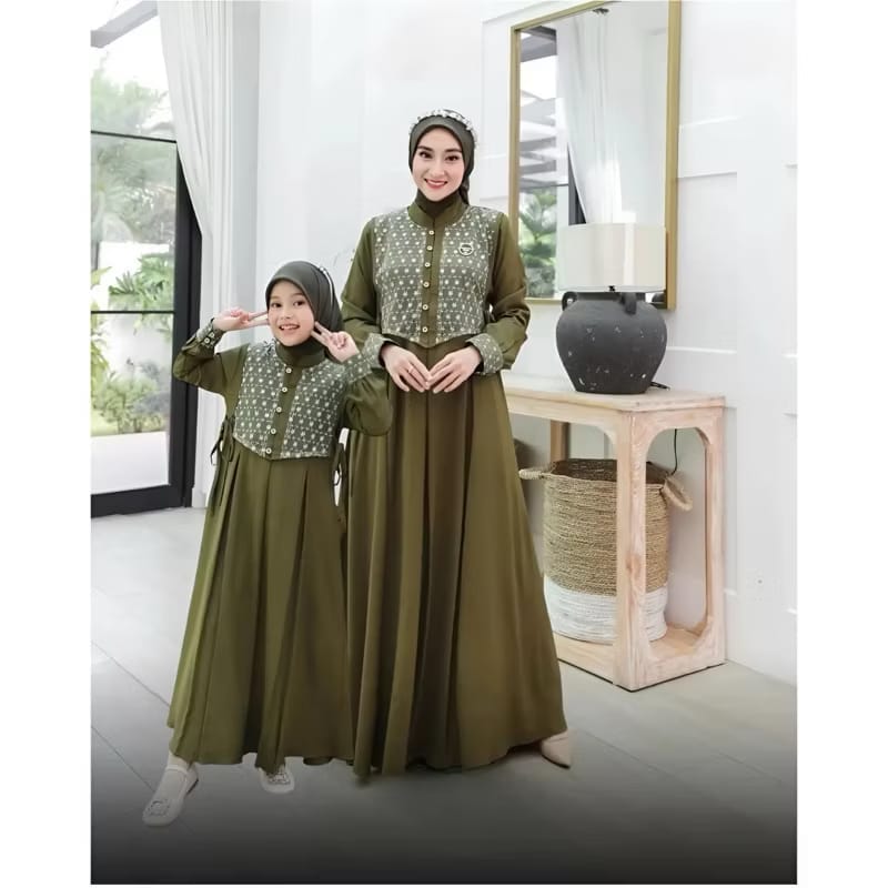 Shabira Dress Gamis Couple Ibu Anak Crinkle Airflow Mix Brukat Baju Kids Terbaru Lebaran 2025 Kancing Wudhu Friendly Polos Elegan Rompi Menyatu Ukuran Ibu M L XL Anak 5-12 Tahun Mewah Muslim Pasangan Kondangan - Remaja, Dewasa