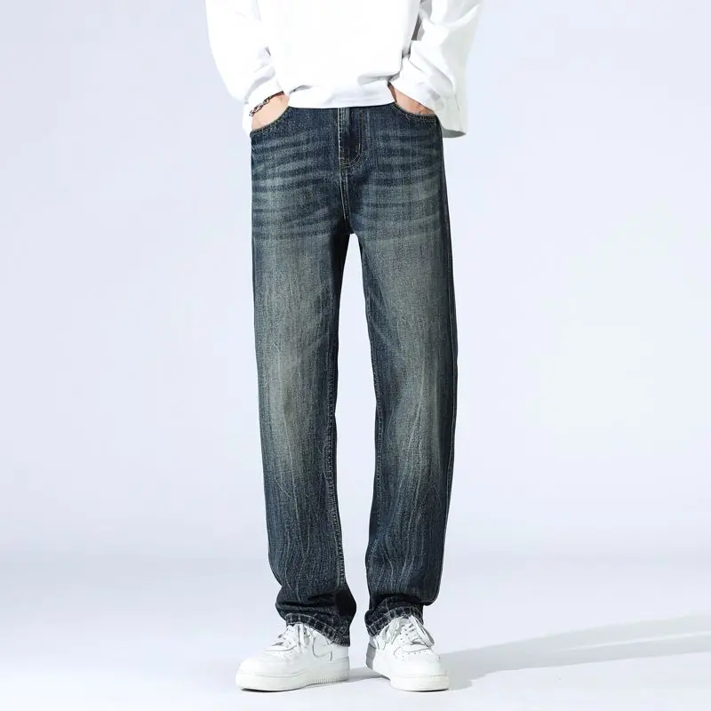 Quần Jean Denim, Dành Cho Nam Giới, Kiểu Dáng Rộng Rãi, Ống Đứng, Màu Xanh Hồ, Đơn Giản Và Đa Năng Thời Trang, Dây Kéo YKK, Vải Chống Mài Mòn Menswear Pants Có Túi