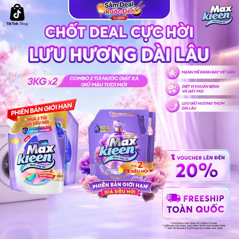Combo 2 Túi Nước Giặt Xả Giữ Màu Tươi Mới MaxKleen 3kgx2