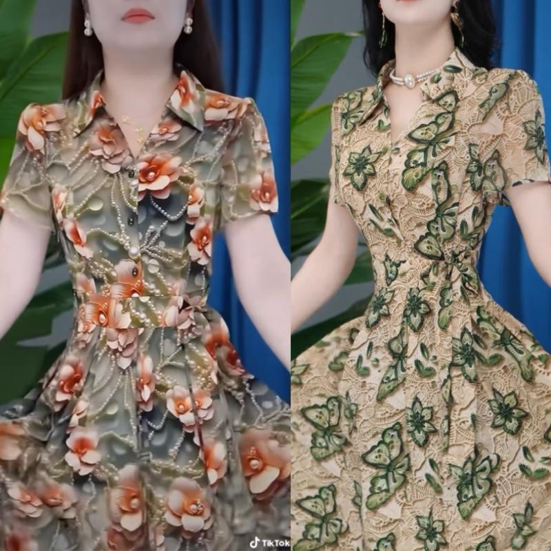 Đầm Trung Niên Cho Mẹ Dự Tiệc Sang Trọng Váy Nữ Váy Sơ Mi Tay Lỡ Đầm Xoè Chất Lụa 3D Mềm Mát - Đầm 3D