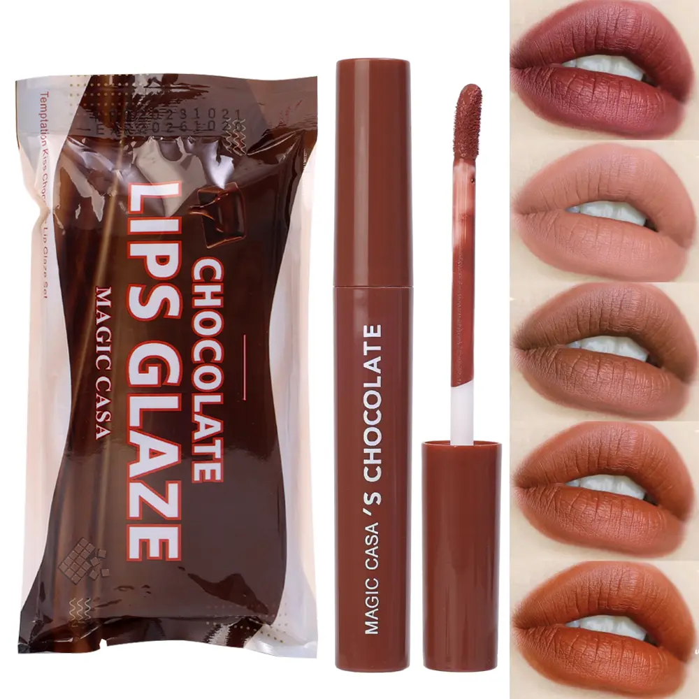 5pcs/set Chocolate Lip Glaze Long Lasting Non-Stick Cup Matte Velvet Lipstick Red Lip Lipstick Lip Makeup Cosmetics