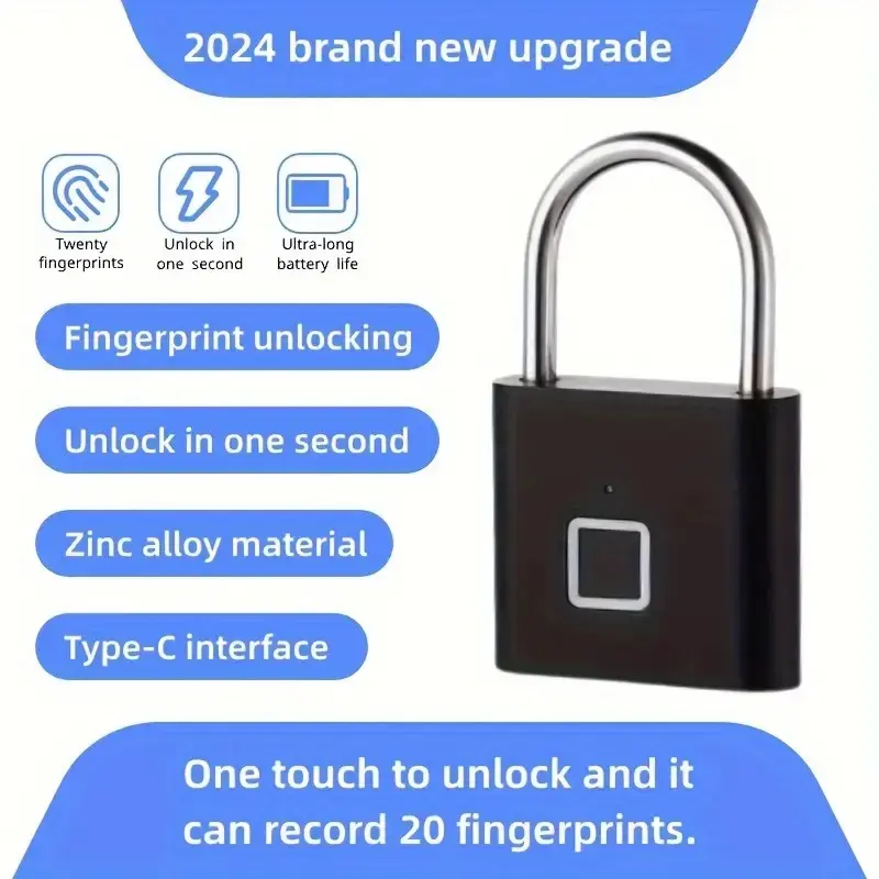 Fingerprint Padlock Anti-theft Waterproof Keyless Security Charging Lock Intelligent Fingerprint Padlock, Portable Storage Cabinet, Gym, Door, Luggage, Suitcase, Handbag