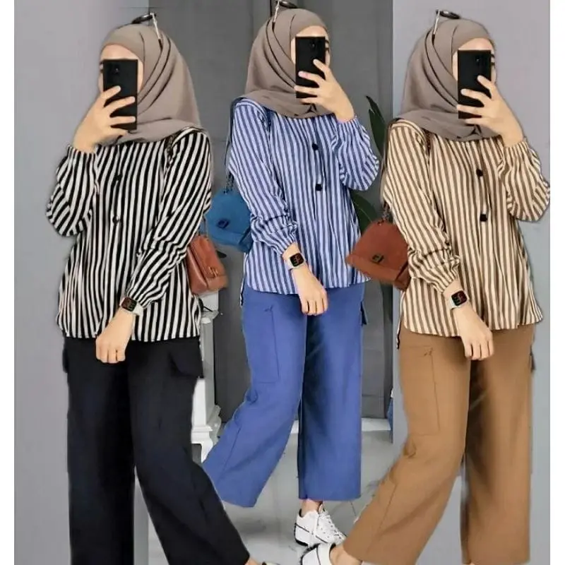 Set Baju dan Celana Kargo  Terbaru Ramosa untuk Wanita Muslim Wanita Setelan Airflow Atasan Panjang Dewasa Motif 0