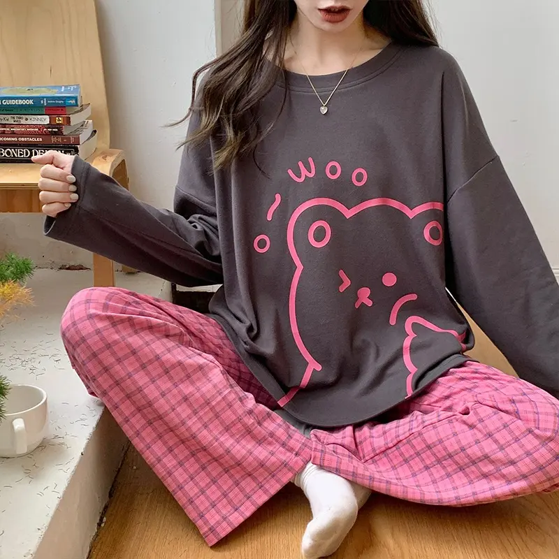 YBSS Setelan baju tidur wanita dewasa lembut serap keringat bahan katun polyester lengan pendek panjang celana panjang set piyama perempuan remaja terbaru kekinian motif karakter animasi lucu ukuran jumbo fit to XXL cocok untuk santai harian PY005 PY 5