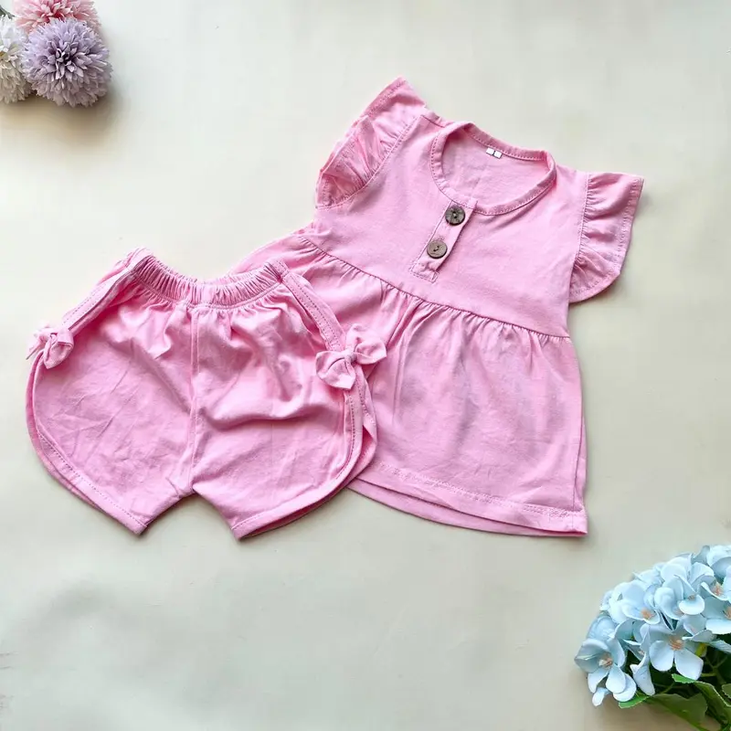 QUEBEECLOTH baju setelan baju celana pendek warna polos katun adem fashion anak bayi cewek perempuan lucu murah -luv 1