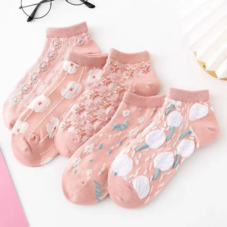 Kaos Kaki Wanita Korean Fashion Motif Flower Warna Pink Semata Kaki - KK1434 Ankle 7
