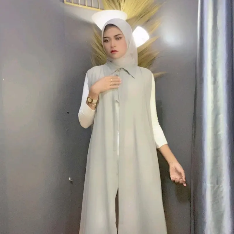 Outer Ceruty Long Dress Cardigan Kardigan Wanita Panjang Muslim Polos Tanpa Lengan Oversize Atasan Kancing Midi Dress Kondangan Cantik Jumbo blazer brokat aira outfit outer tenun 6
