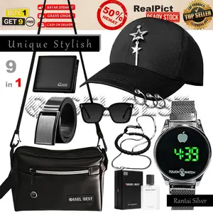 [BASEL BEST] Paket Rantai Padiah YOSABANA Bundling 9in1/6in1&3in1 Topi Baseball Variasi Titanium + Jam Digital Rantai + Tas Selempang + Dompet Lipat + Gesper Silet + Kaca Mata + Kalung Titanium + Gelang Tangan & Parfum/Stylish Pria Keren/Kado Cowok/Distro